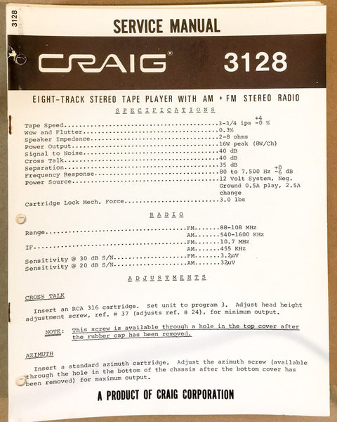 Craig Model 3128 8 Track Stereo Service Manual *Original*