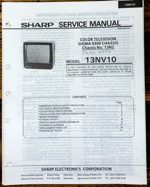 Sharp 13NV10 TV / Television Service Manual *Original*