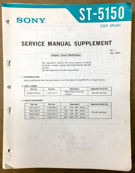 Sony ST-5150 Tuner Service Manual Supplement #1 *Original*