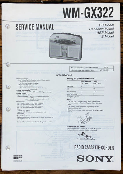 Sony WM-GX322 Radio Cassette  Service Manual *Original*