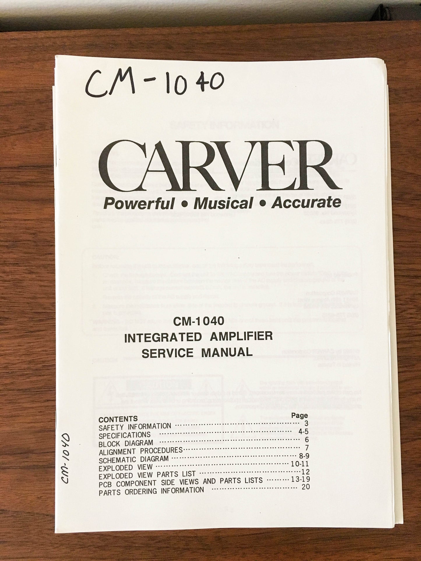 Carver CM-1040 Integrated Amplifier Service Manual *Original*