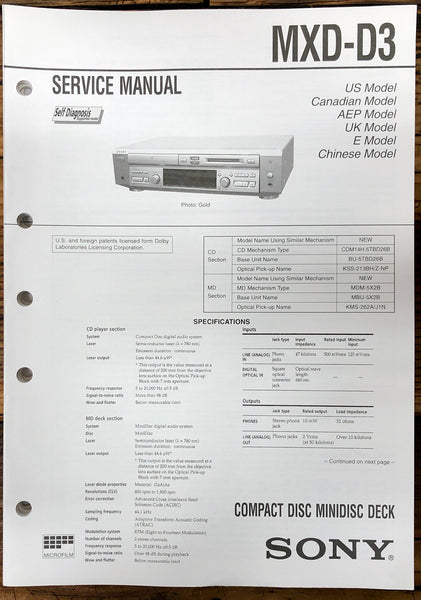 Sony MXD-D3 CD MD Deck  Service Manual *Original*