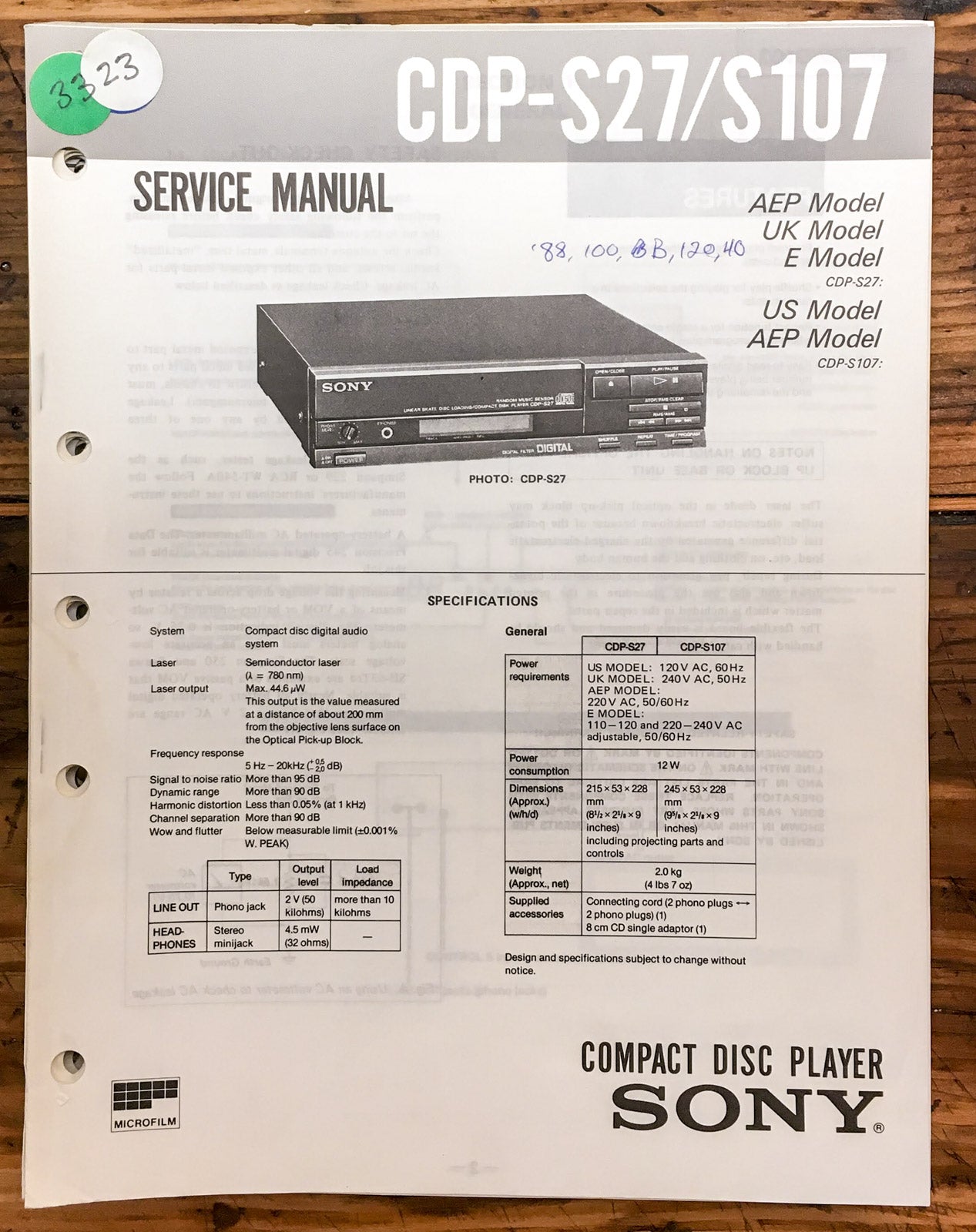 Sony CDP-S27 CDP-S107 CD Player  Service Manual *Original*