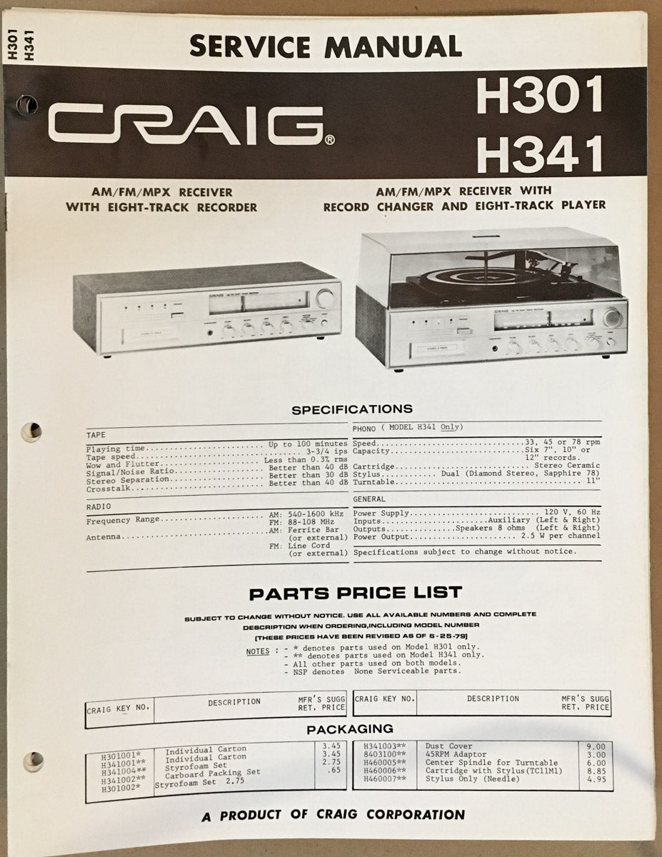 Craig Model H301 H401 Stereo Service Manual *Original*