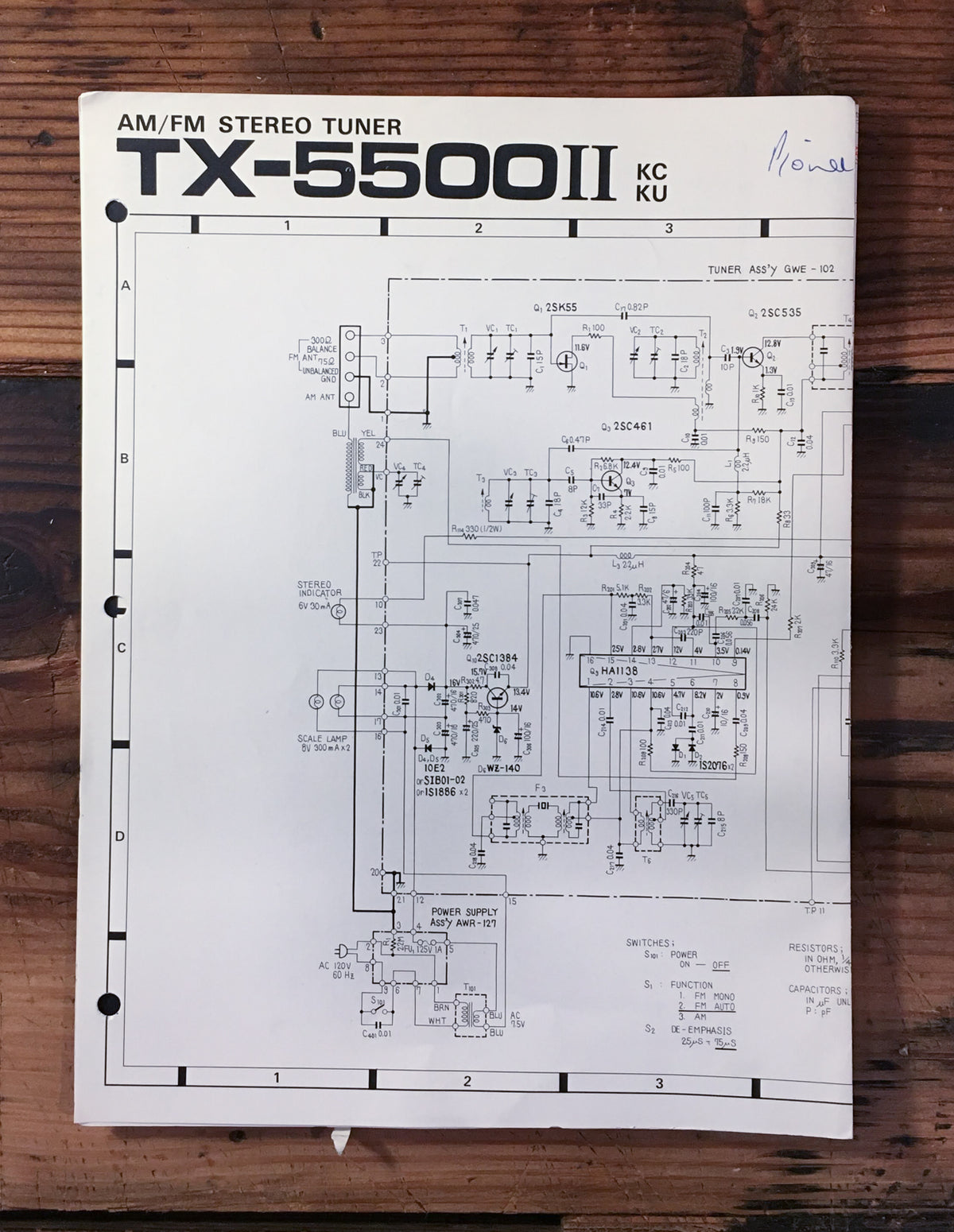 Pioneer TX-5500 II /2 KU KC Tuner Large Fold Out Schematic Sheet *Original*