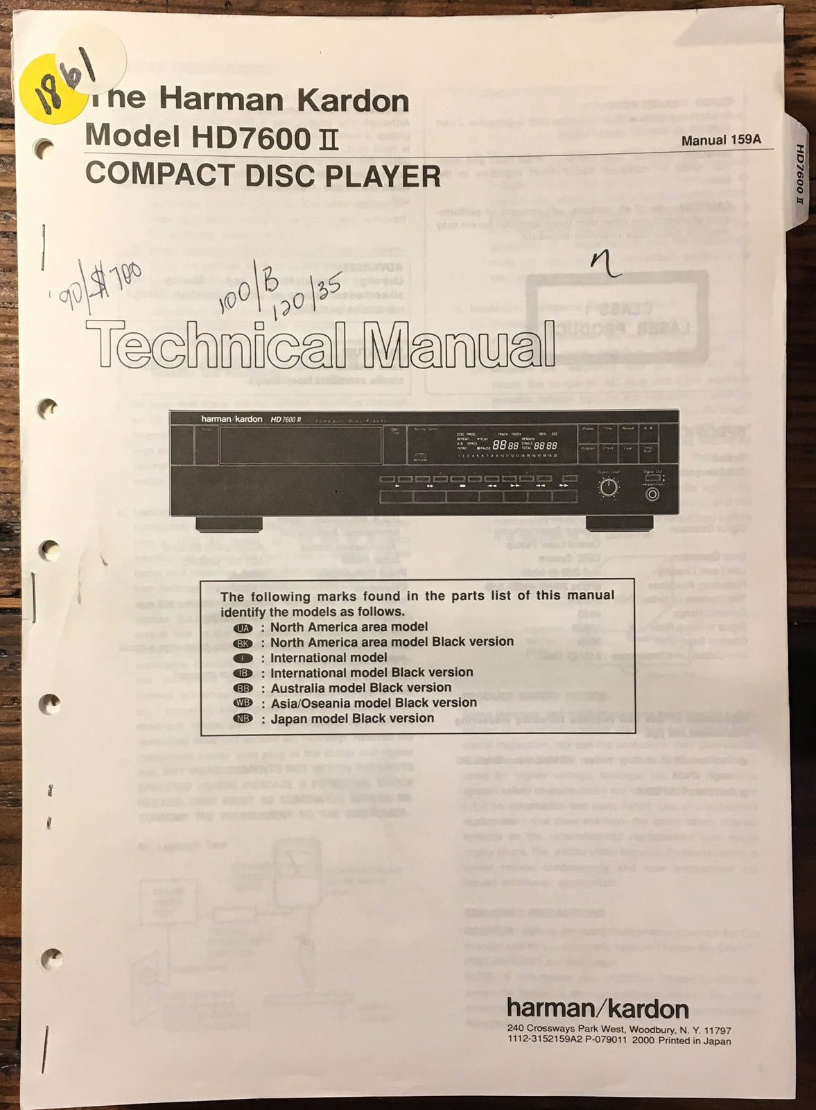 Harman Kardon HD7600 II HD 7600 CD Player  Service Manual *Original*