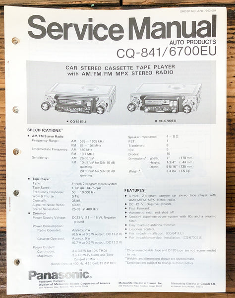 Panasonic CQ-841 CQ-6700 Car Stereo  Service Manual *Original*