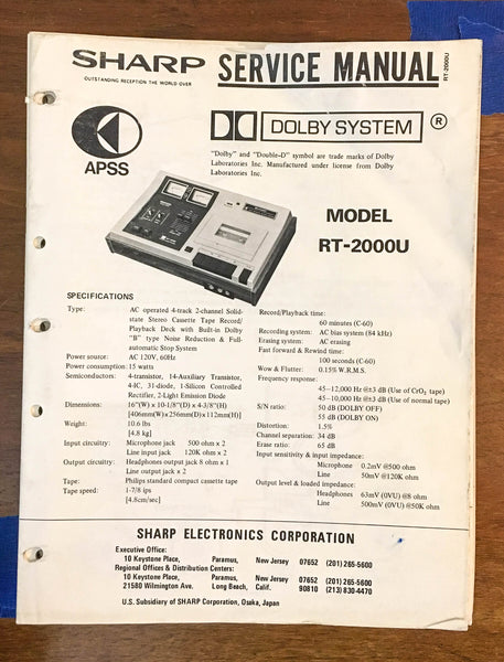 Sharp RT-2000U Cassette Tape Recorder Service Manual *Original*