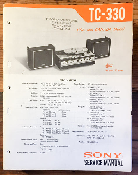 Sony TC-330 Stereo Service Manual *Original*