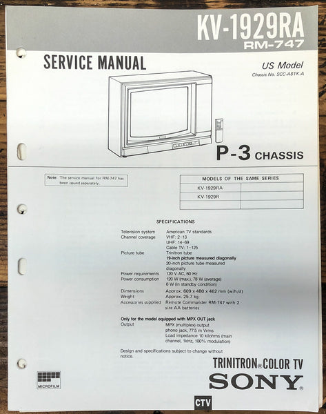 Sony KV-1929RA TV  Service Manual *Original*