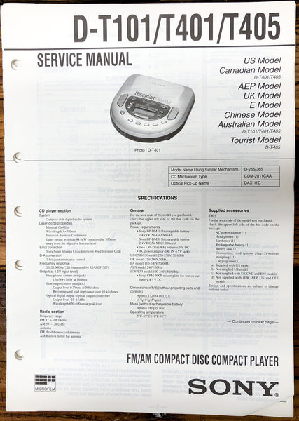 Sony D-T101 -T401 -T405 CD Player / Discman  Service Manual *Original*