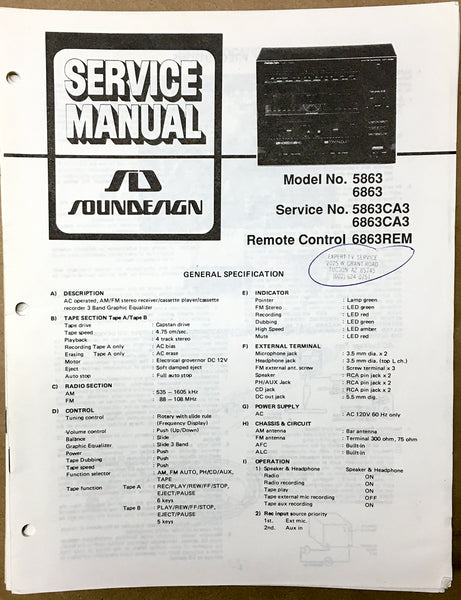 Soundesign Model 5863 6863 Stereo Service Manual *Original*