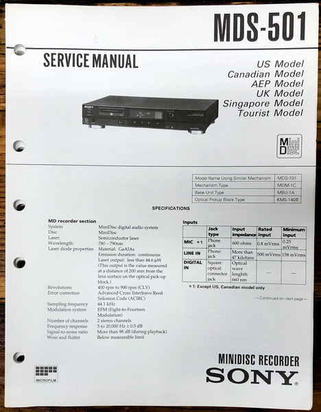 Sony MDS-501 MD MiniDisc Recorder  Service Manual *Original*