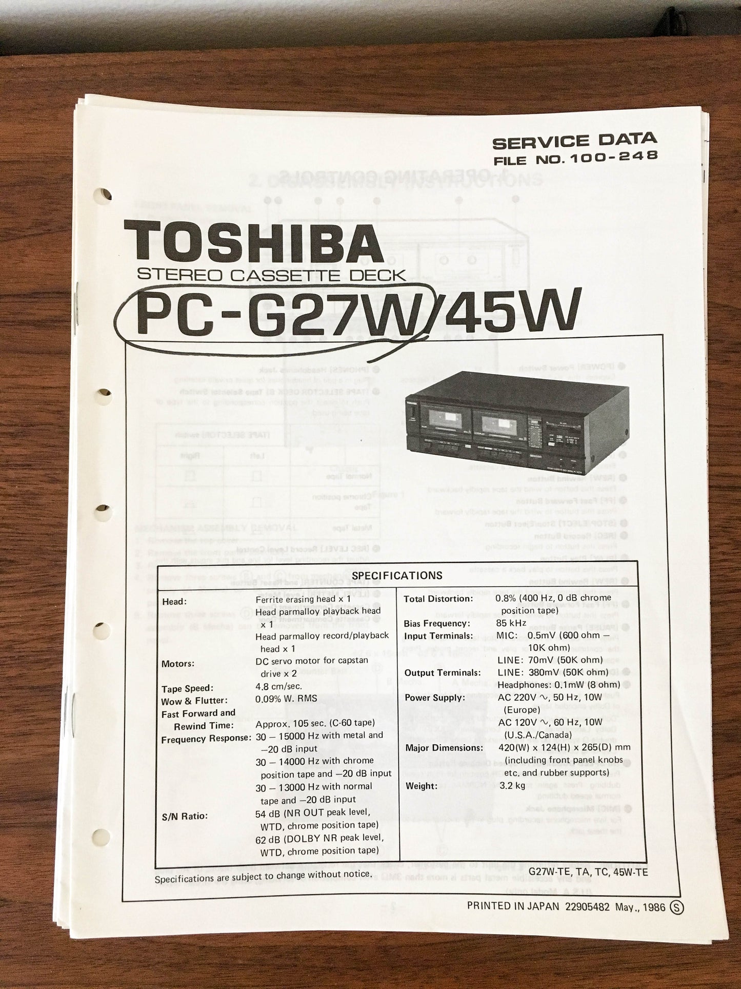 Toshiba PC-G27W PC-G45W Cassette Deck Service Manual *Original* #1