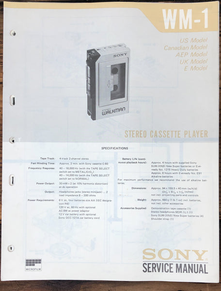 Sony WM-1 Radio Cassette  Service Manual *Original*