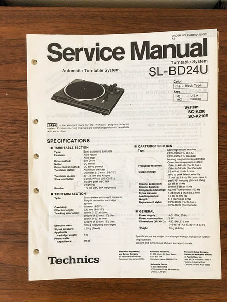 Technics SL-BD24U BD24 U Record Player / Turntable Service Manual *Original*