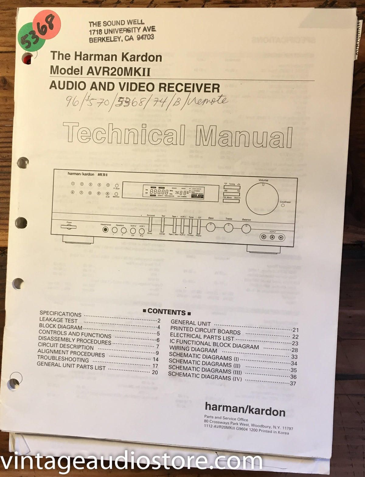 Harman Kardon AVR20 MKII AVR-20 MKII Receiver  Service Manual *Original*