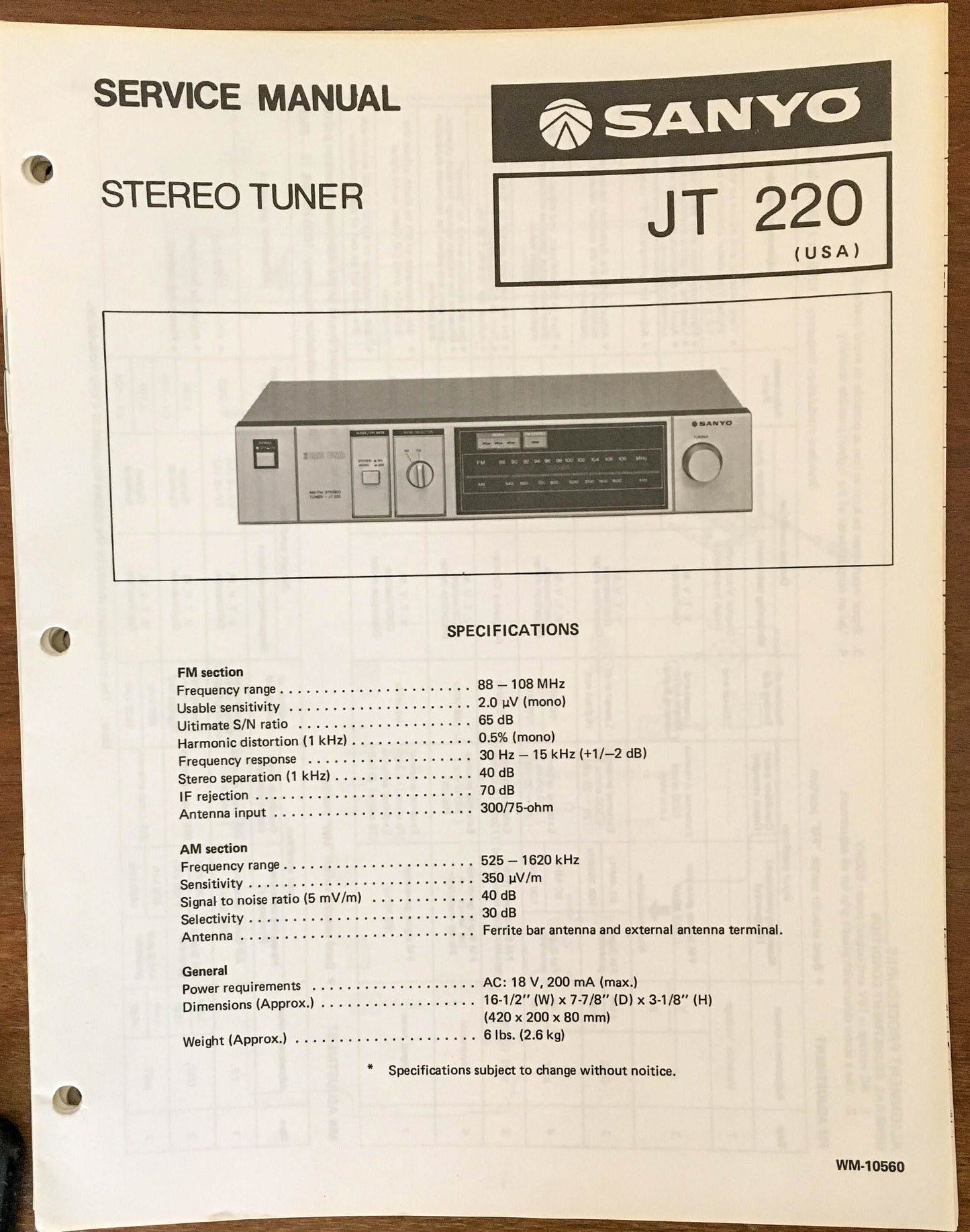 Sanyo JT 220 Tuner Service Manual *Original*