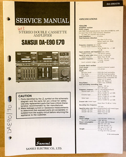 Sansui DA-E90 DA-E70 Stereo Cassette Service Manual *Original*