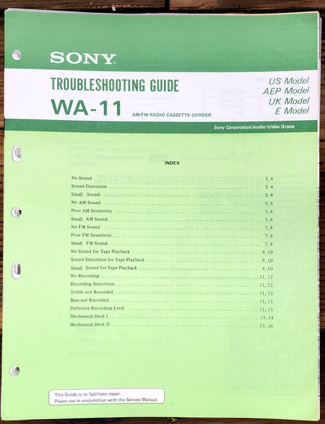 Sony WA-11 Radio Cassette  Troubleshooting Manual *Original*