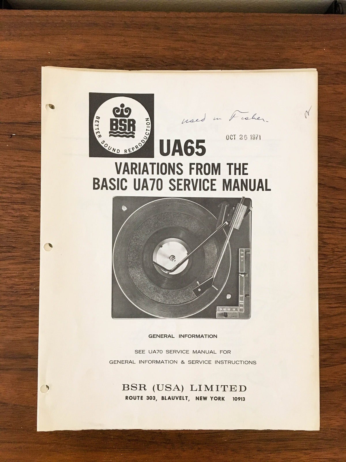 BSR UA65 UA-65 Record Player / Turntable Service Manual *Original* #1