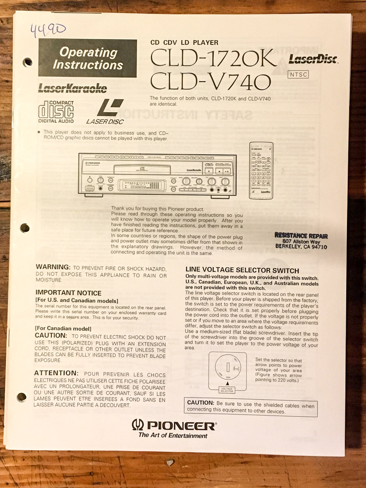 Pioneer CLD-1720K CLD-V740 Laserdisc Player Owner / User Manual *Original*