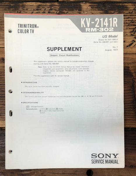 Sony KV-2141R TV Supp Service Manual *Original*