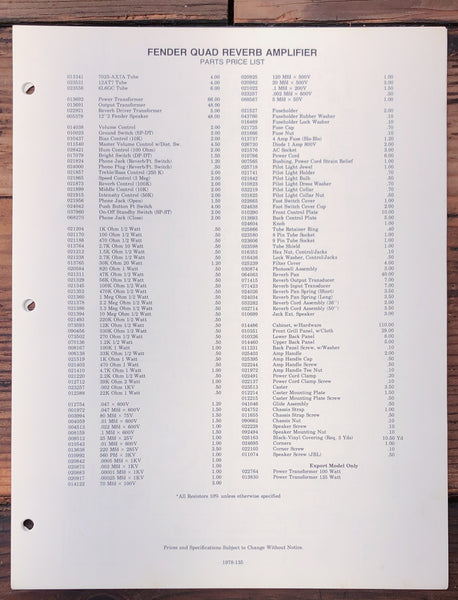 Fender Quad Reverb Amplifier Parts List & Schematic  *Original*