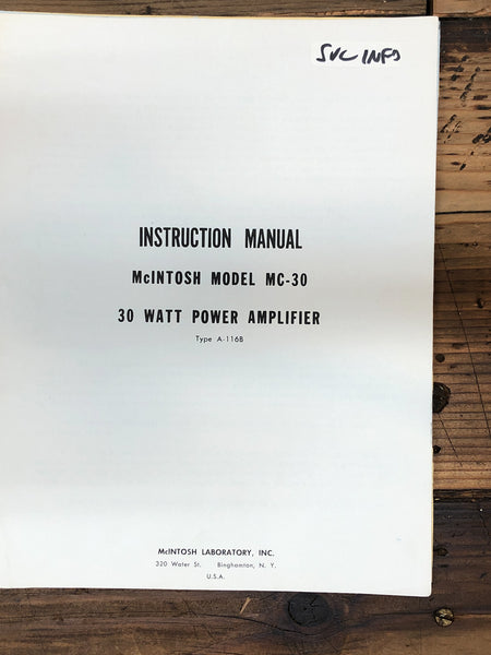 Mcintosh MC-30 MC30 Amplifier  Owner / User Manual *Original*