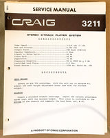 Craig Model 3211 8 Track Stereo Service Manual *Original*