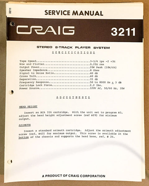 Craig Model 3211 8 Track Stereo Service Manual *Original*