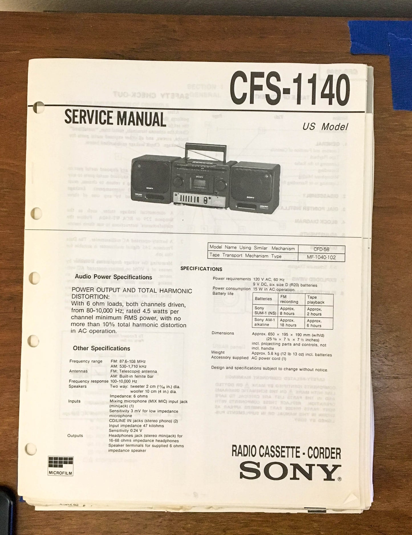 Sony CFS-140 Radio Cassette Recorder / Boombox Service Manual *Original*