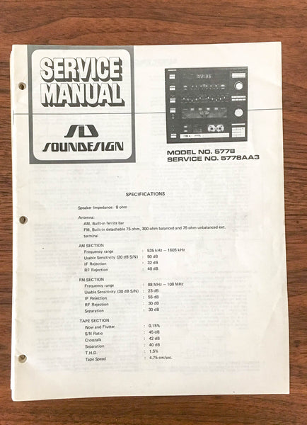 SoundDesign Sound Design Model 5778 5778AA3 Stereo Service Manual *Original*