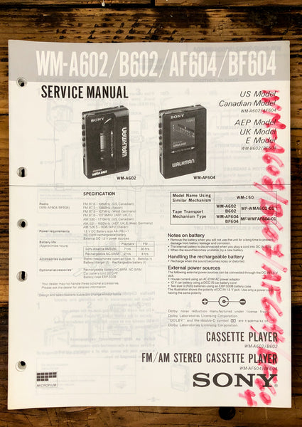 Sony WM-A602 WM-B602 WM-AF604 WM-BF604 Cassette  Service Manual *Original*
