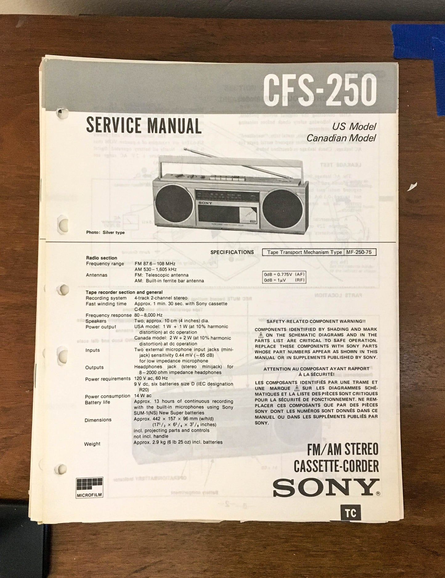 Sony CFS-250 Radio Cassette Recorder / Boombox Service Manual *Original*