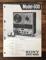 Sony Model 600 Reel to Reel Service Manual *Original*
