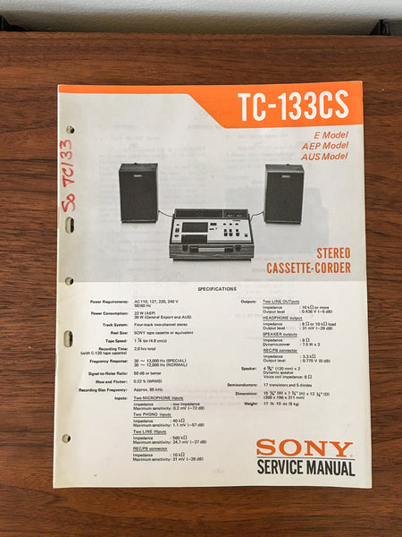 Sony TC-133CS Tape Recorder Service Manual *Original*