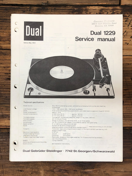 Dual Model 1229 Record Player / Turntable  Service Manual *Original*