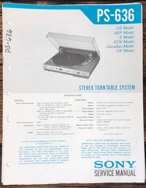 Sony PS-636 Record Player / Turntable  Service Manual *Original*