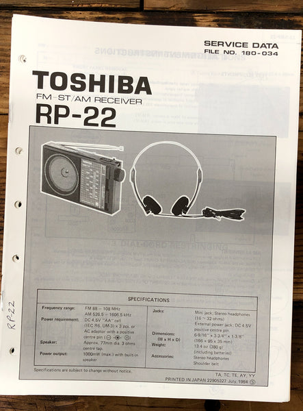 Toshiba RP-22 Radio / Stereo  Service Manual *Original*