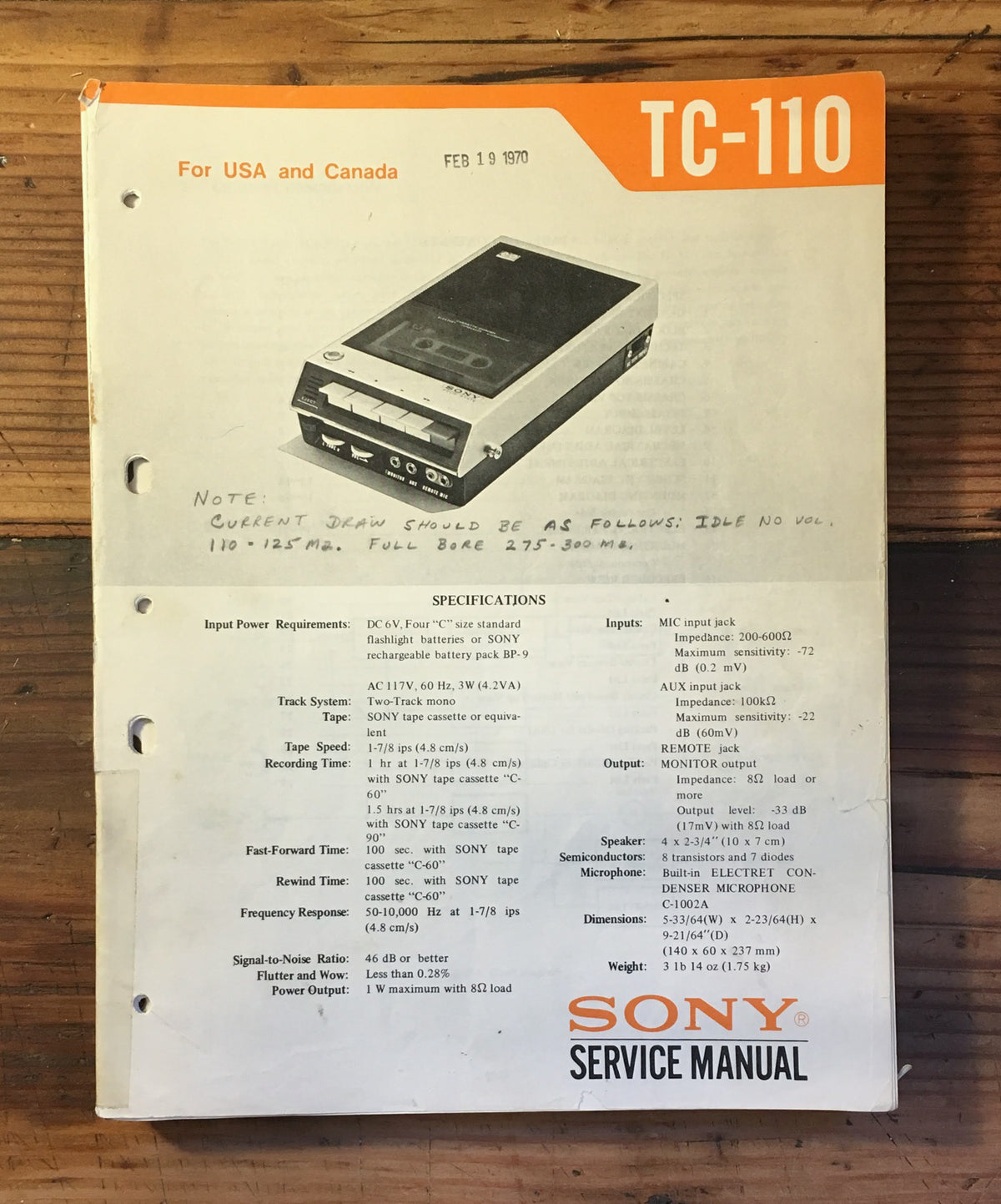 Sony TC-110 Tape Player Service Manual *Original*