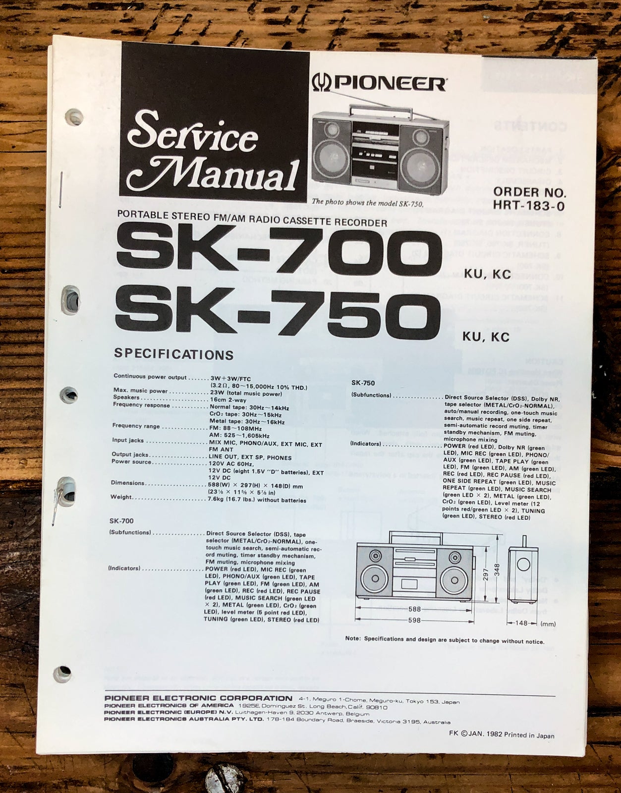 Pioneer SK-700 SK-750 Radio  Service Manual *Original*
