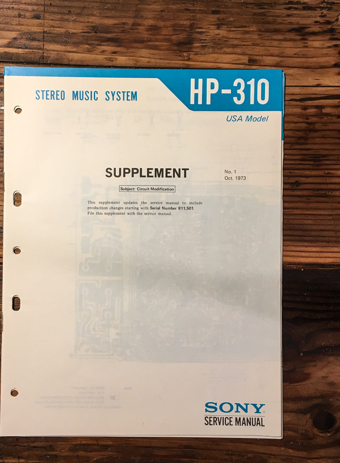 Sony HP-310 Stereo  Service Manual Supplement *Original*