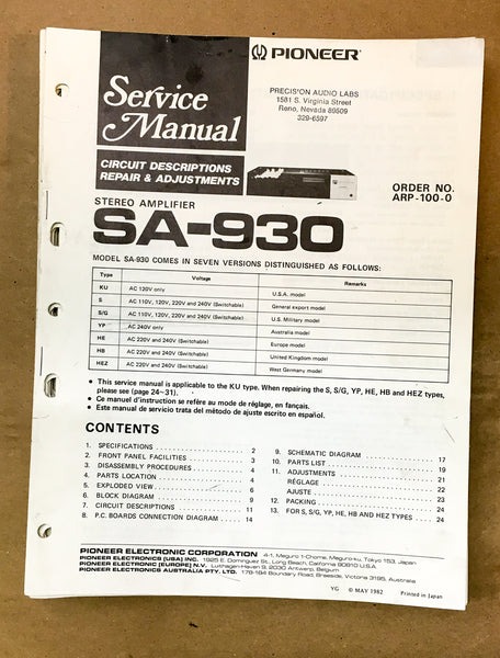 Pioneer SA-930 Amplifier Service Manual *Original*