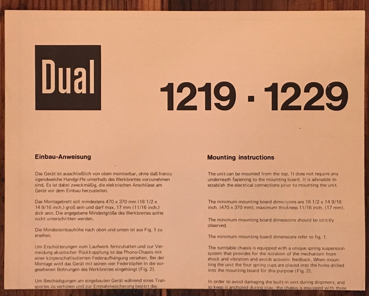 Dual Model 1219 1229 Record Player / Turntable  Mounting Instructions  *Original