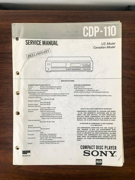 Sony CDP-110 CD Player Preliminary Service Manual *Original*