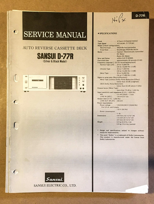 Sansui D-77R Cassette / Tape Player Service Manual *Original*
