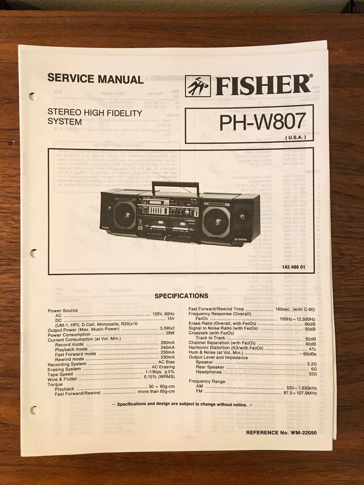 Fisher PH-W807 Boombox Radio Service Manual *Original*
