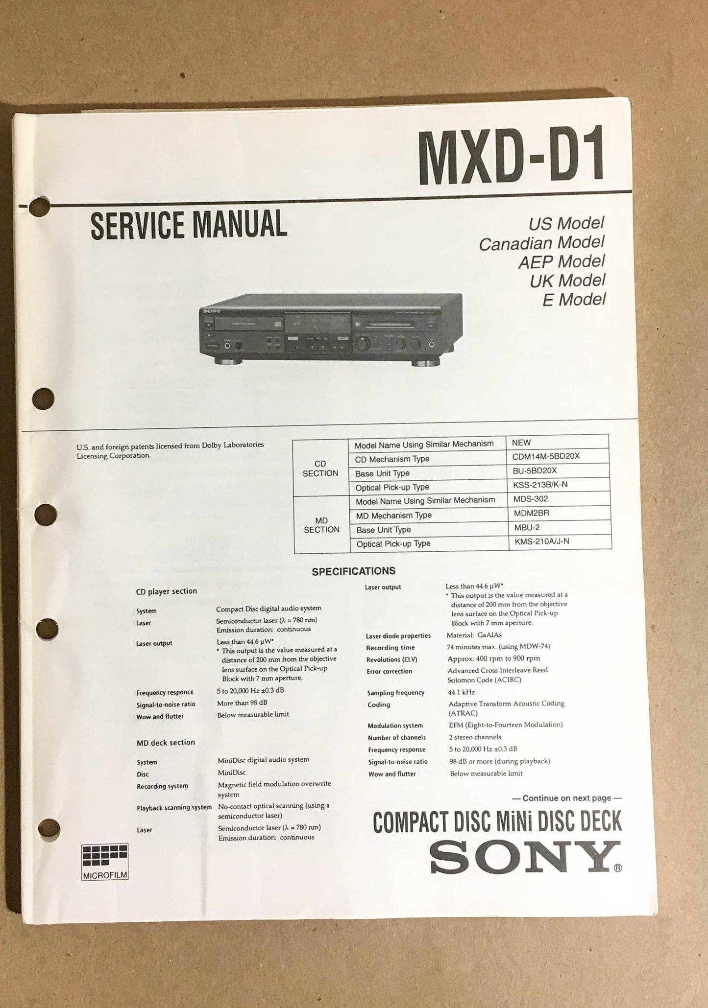Sony MXD-D1 CD Mini Disc Player Service Manual *Original*