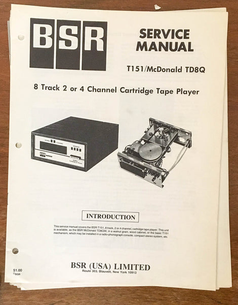 BSR / McDonald TT151 McDonald TD8Q  8 Track Player  Service Manual *Original*